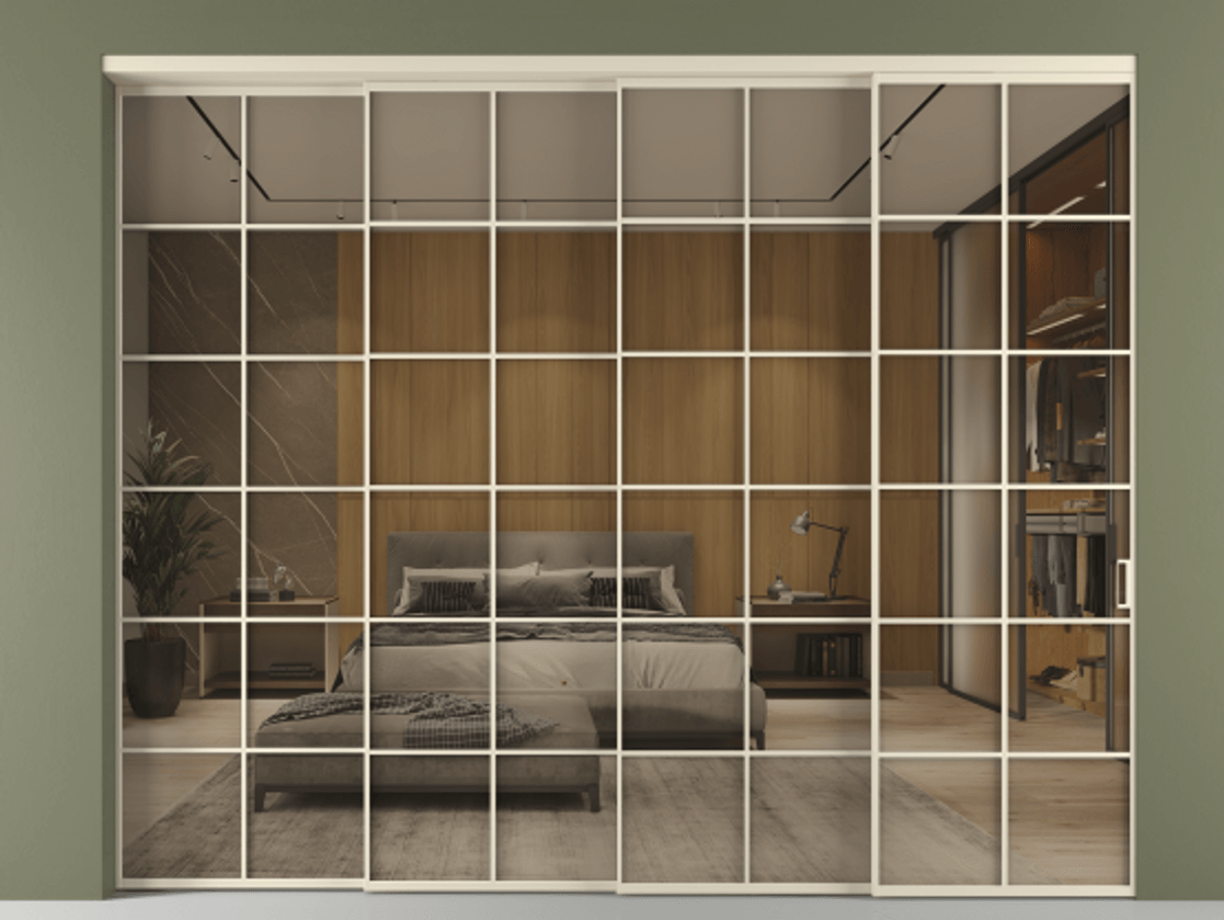 Перегородка Формато внутри проёма 4 створки с синхронным механизмом АЛПР 040.05 Алюминий бежево-серый Рефлективное бронзовое стекло "Стопсол", калёное Цена 3887957 ₸ | Volhovec