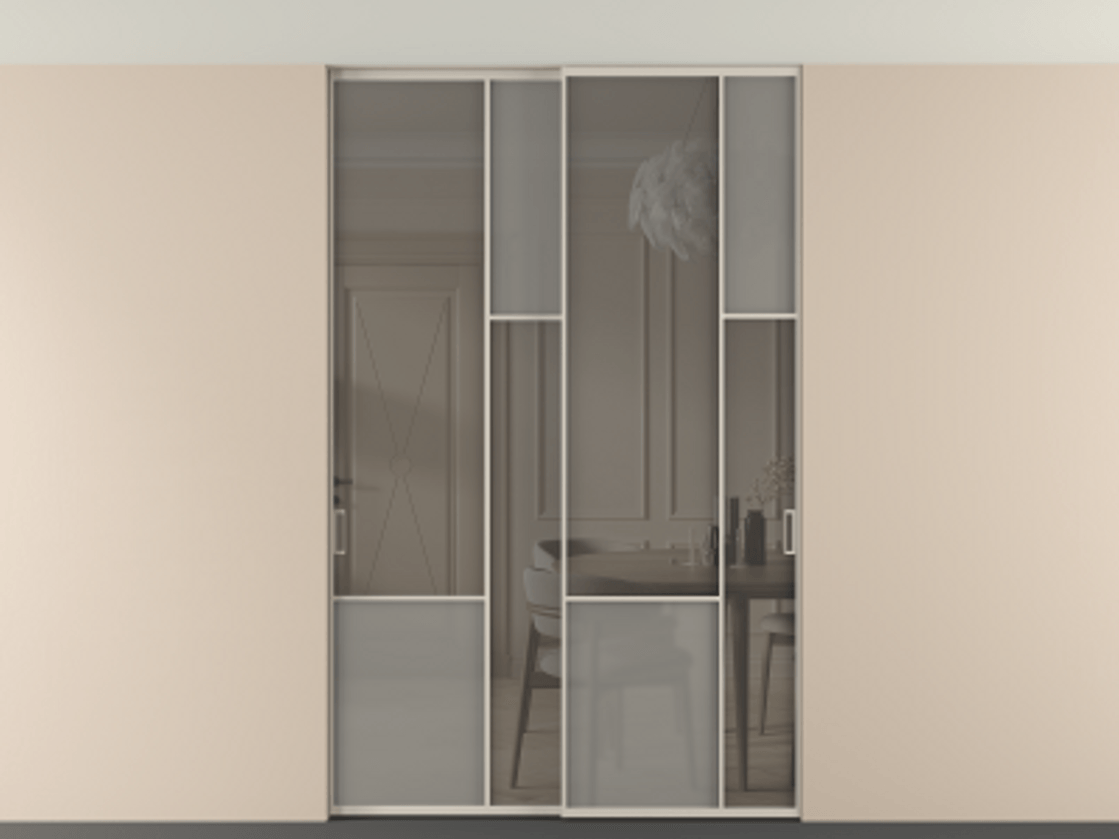 Перегородка Mosaic внутри проёма скрытое крепление в потолок 2 створки АЛПР 041.12 Алюминий светло-бежевый Сатинированное серое стекло, триплекс, 6 мм + Прозрачное серое стекло, триплекс Цена 2453825 ₸ | Volhovec