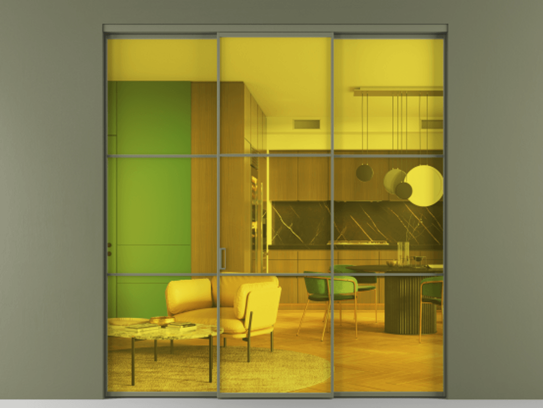 Перегородка Formato внутри проёма 3 створки АЛПР 040.03 Алюминий оливковый тёмный Прозрачное жёлтое стекло, триплекс Цена 1550900 ₸ | Volhovec