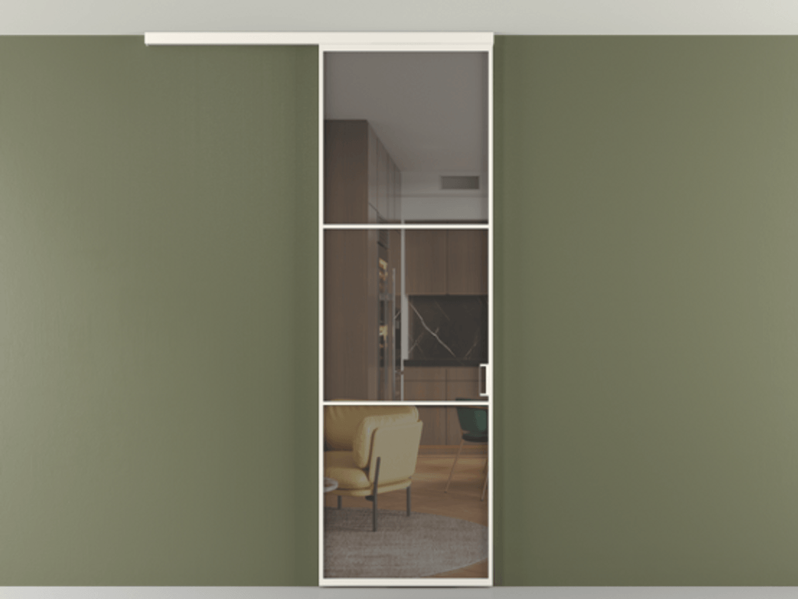 Перегородка Формато вдоль стены на потолок 1 створка АЛПР 040.03 Алюминий пудровый белый Прозрачное серое стекло, триплекс Цена 732246 ₸ | Volhovec