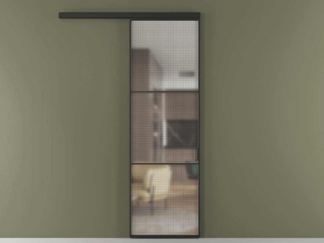 Перегородка Formato вдоль стены 1 створка АЛПР 040.03 Алюминий Черный Декоративное стекло с сеткой "Mesh silver", триплекс Цена 675790 ₸  | Volhovec