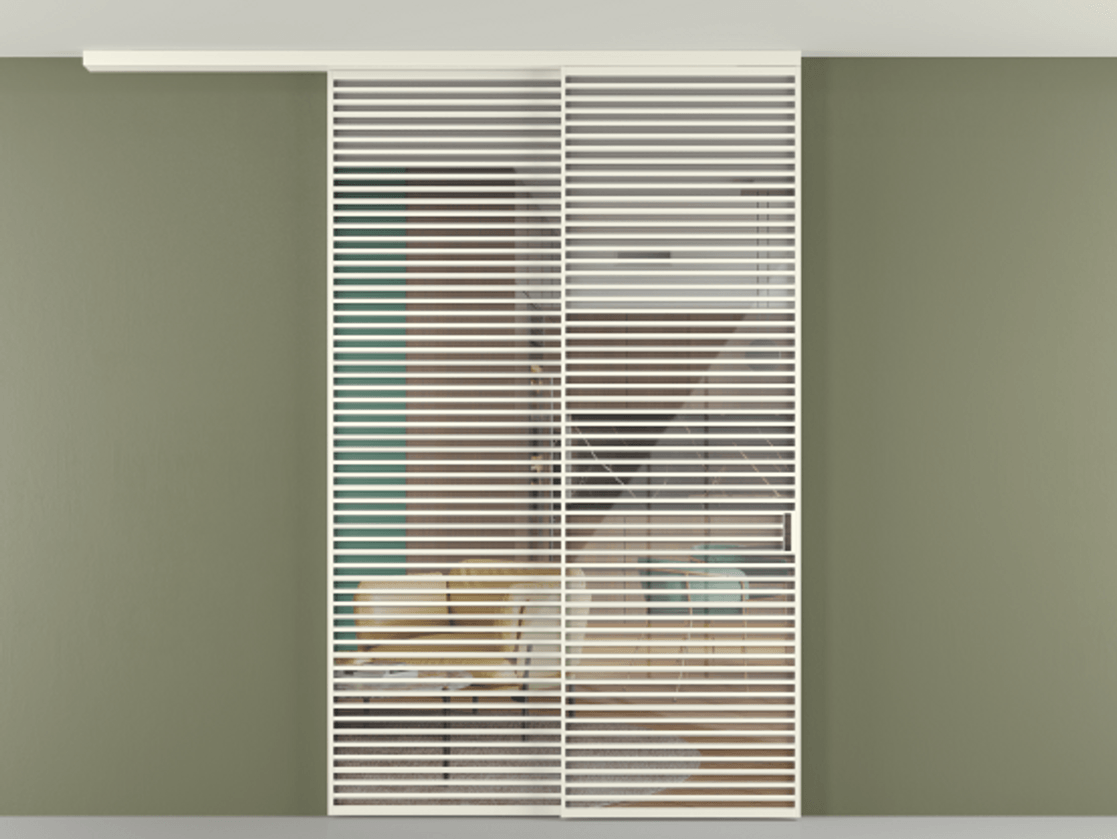 Перегородка Формато вдоль стены на потолок 2 створки с синхронным механизмом АЛПР 040.07 Алюминий жемчужный Рефлективное прозрачное стекло "Стопсол", калёное Цена 3502215 ₸ | Volhovec