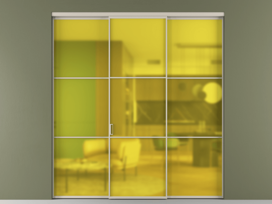 Перегородка Formato внутри проёма 3 створки АЛПР 040.03 Алюминий светло-бежевый Сатинированное жёлтое стекло, триплекс Цена 1550900 ₸ | Volhovec