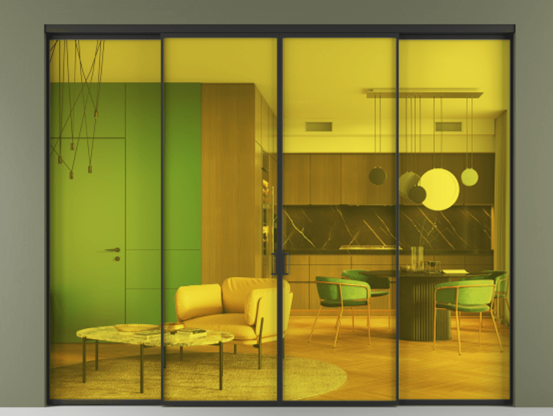 Перегородка Формато внутри проёма 4 створки АЛПР 040.01 Алюминий Черный Прозрачное жёлтое стекло, триплекс Цена 2323642 ₸  | Volhovec