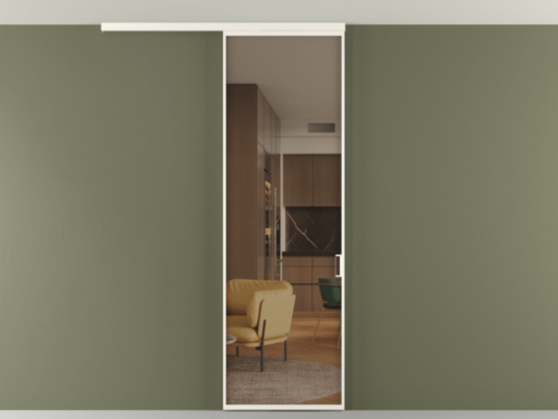 Перегородка Формато вдоль стены на потолок 1 створка АЛПР 040.01 Алюминий пудровый белый Прозрачное бронзовое стекло, триплекс Цена 698567 ₸ | Volhovec