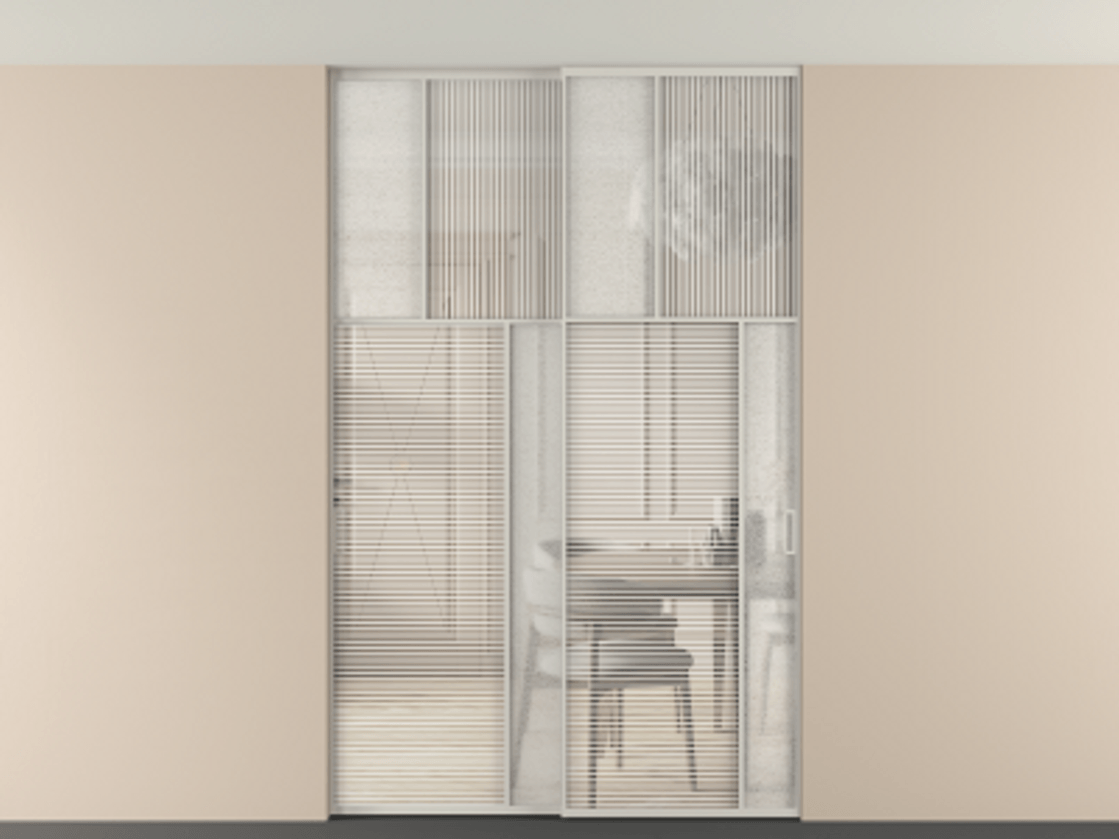 Перегородка Мозаик внутри проёма скрытое крепление в потолок 2 створки АЛПР 041.23 Алюминий тёплый серый Рифлёное стекло "Дюна", триплекс, 6 мм + Фактурное стекло "Лёд", триплекс Цена 2574785 ₸ | Volhovec