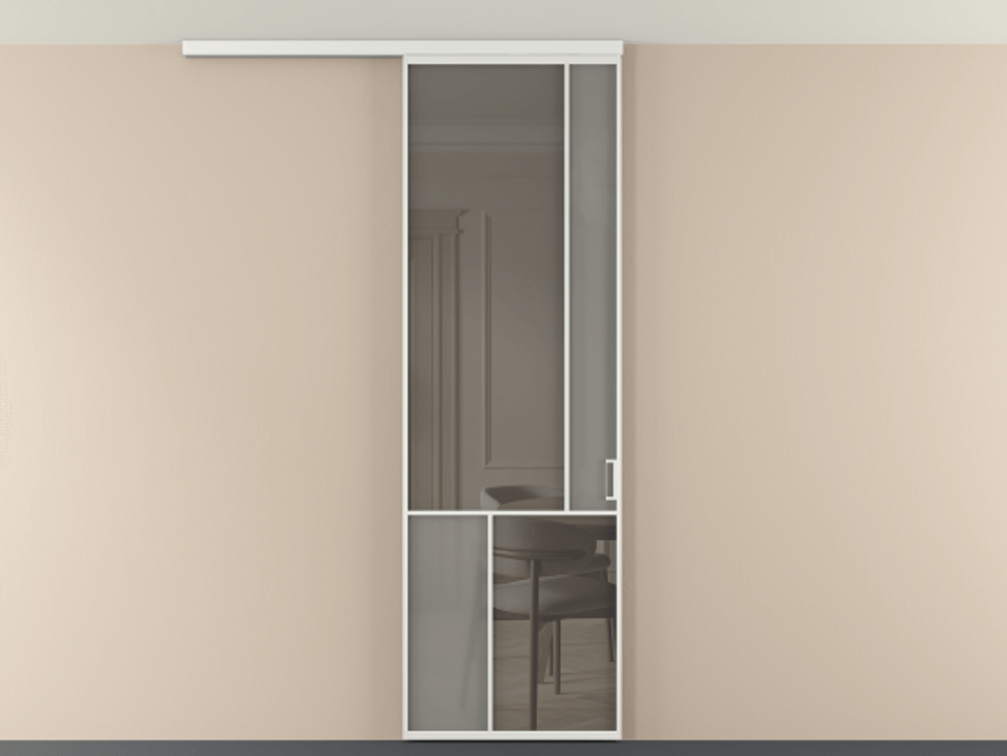 Перегородка Мозаик вдоль стены на потолок 1 створка АЛПР 041.21 Алюминий белоснежный Сатинированное серое стекло, триплекс, 6 мм + Прозрачное серое стекло, триплекс Цена 1020902 ₸ | Volhovec