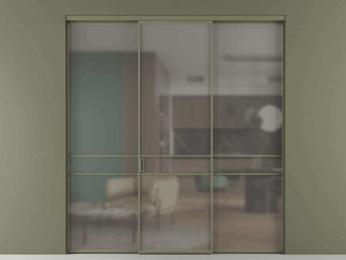 Перегородка Formato внутри проёма 3 створки АЛПР 040.02 Алюминий оливковый тёмный Сатинированное серое стекло, триплекс Цена 1550890 ₸ | Volhovec