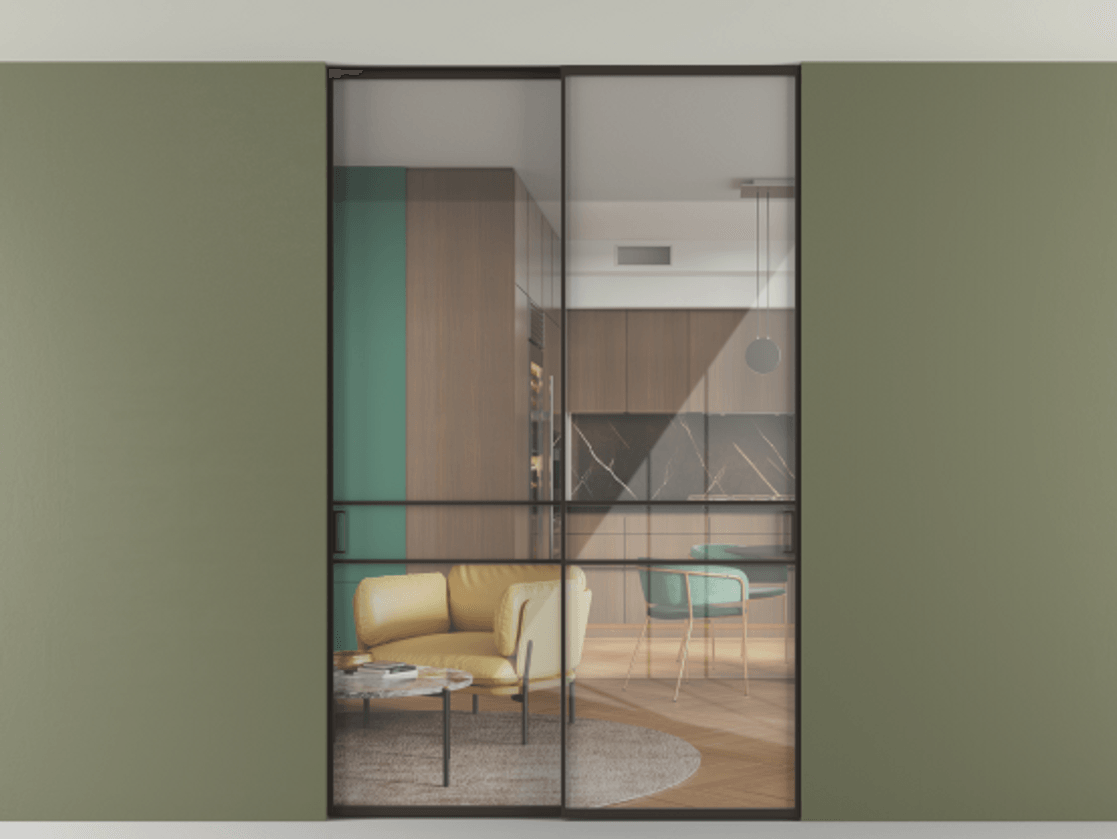 Перегородка Formato внутри проёма скрытое крепление в потолок 2 створки АЛПР 040.02 Алюминий антрацит Рефлективное прозрачное стекло "Stopsol", калёное Цена 2309731 ₸ | Volhovec