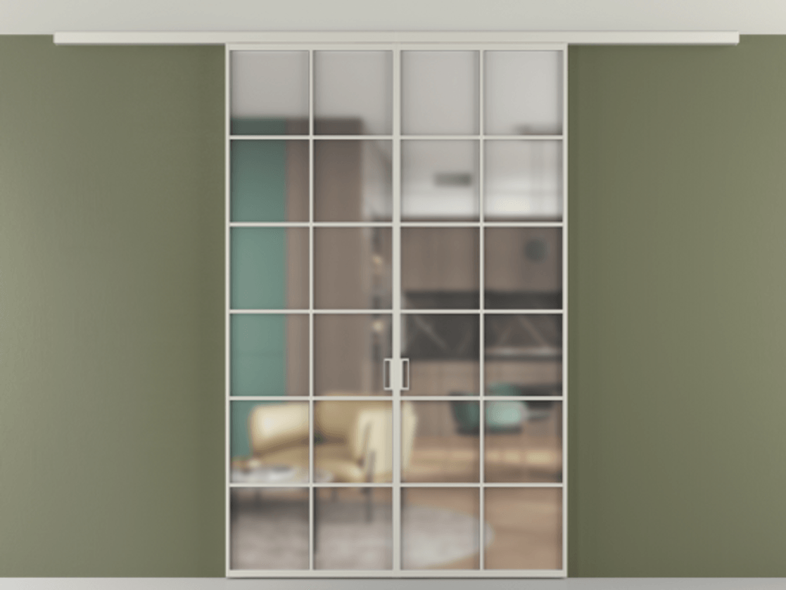 Перегородка Формато вдоль стены на потолок 2 створки АЛПР 040.05 Алюминий тёплый серый Сатинированное стекло "Мателюкс Кристал Вижн", калёное, матовое, каленое 6 мм Цена 1673814 ₸ | Volhovec