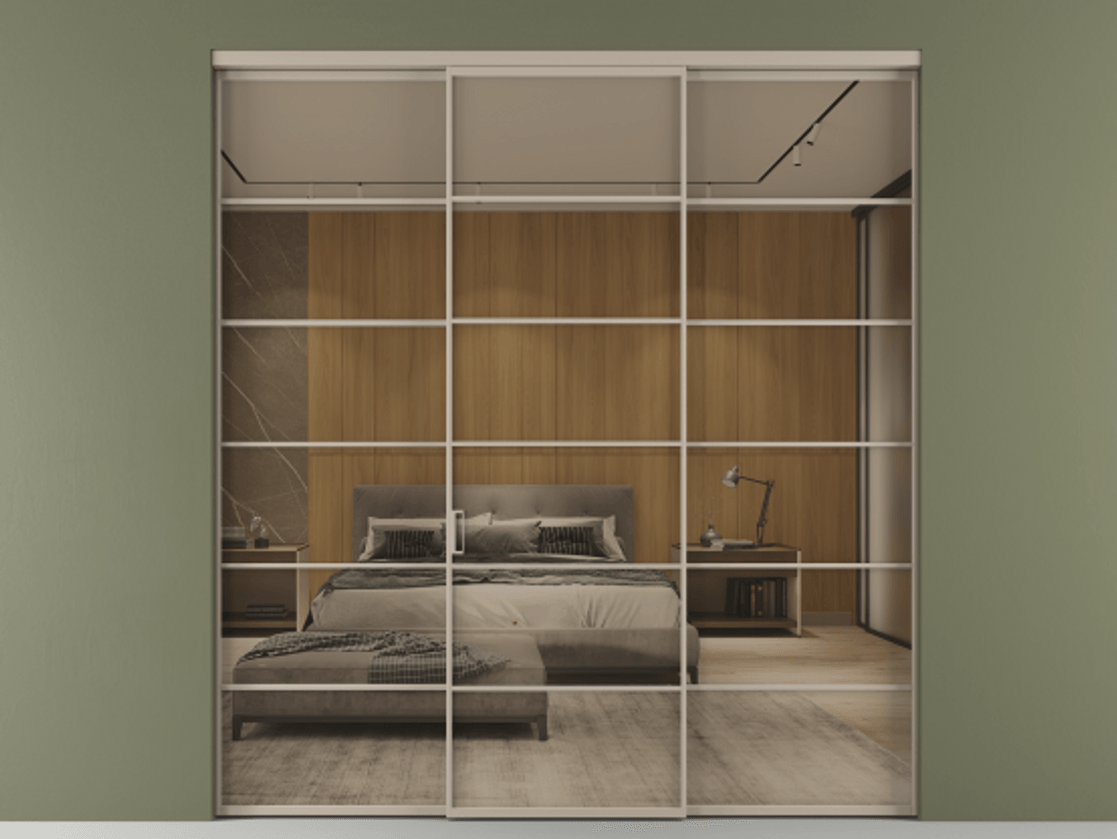 Перегородка Формато внутри проёма 3 створки АЛПР 040.04 Алюминий бисквитный Рефлективное бронзовое стекло "Стопсол", калёное Цена 2577960 ₸ | Volhovec