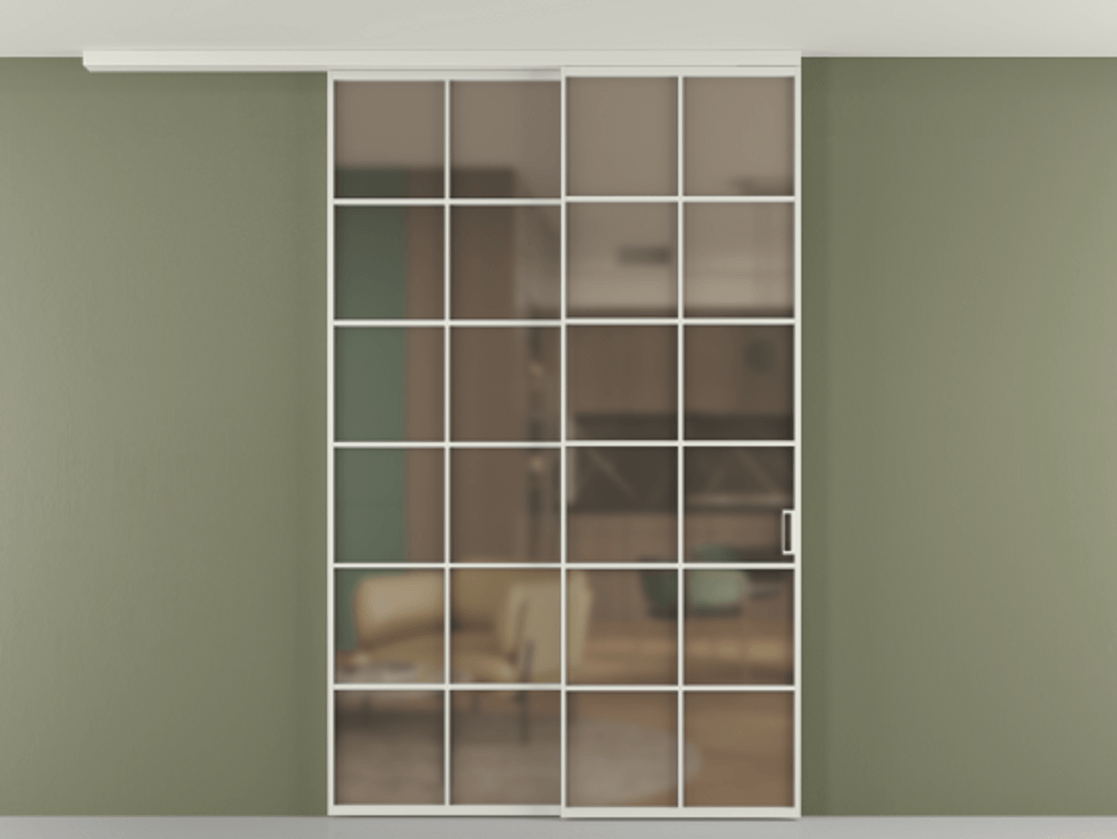 Перегородка Формато вдоль стены на потолок 2 створки с синхронным механизмом АЛПР 040.05 Алюминий серый Сатинированное бронзовое стекло, триплекс Цена 2205282 ₸ | Volhovec