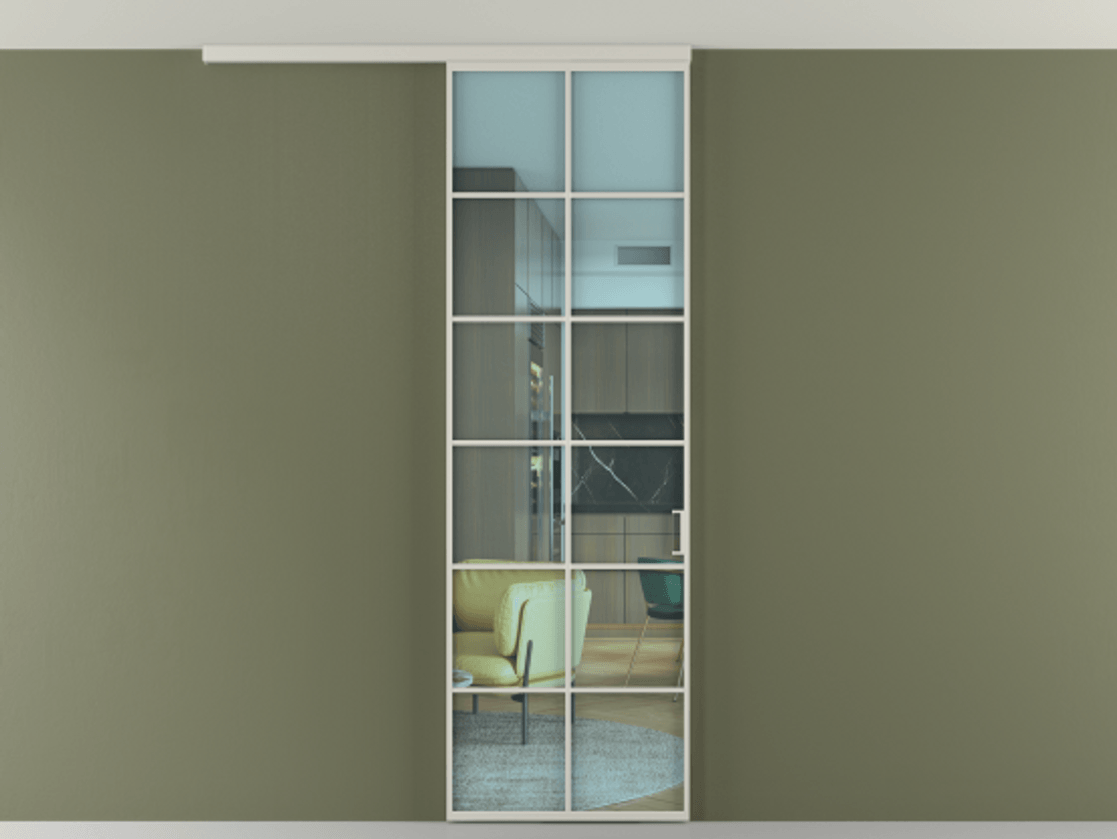 Перегородка Формато вдоль стены на потолок 1 створка АЛПР 040.05 Алюминий тёплый серый Прозрачное голубое стекло, триплекс Цена 780891 ₸ | Volhovec