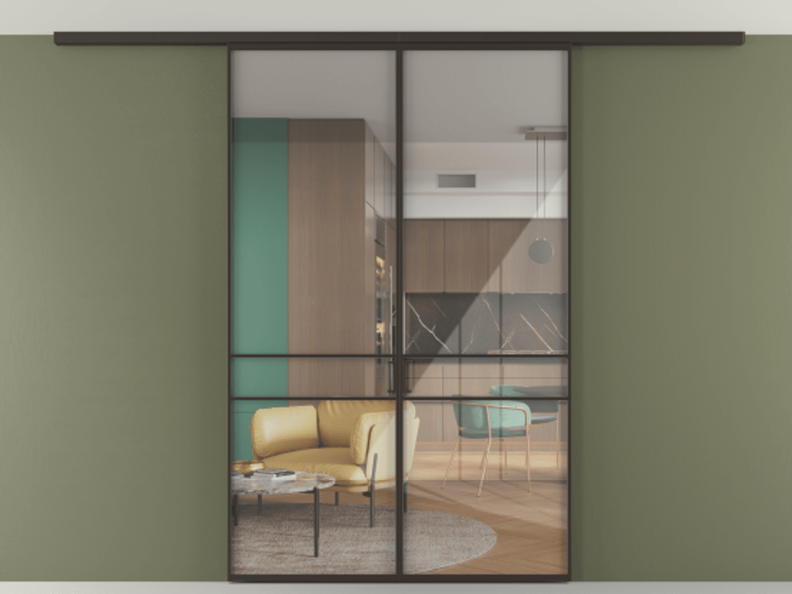 Перегородка Формато вдоль стены на потолок 2 створки АЛПР 040.02 Алюминий антрацит Рефлективное прозрачное стекло "Стопсол", калёное Цена 1570031 ₸ | Volhovec