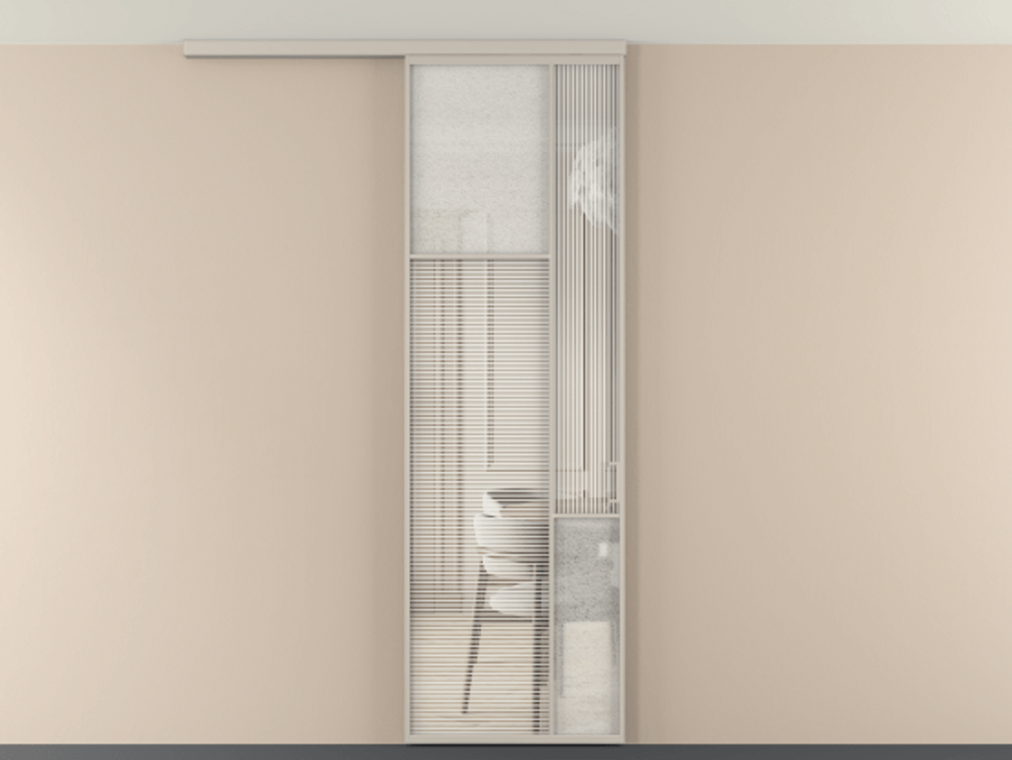 Перегородка Мозаик вдоль стены на потолок 1 створка АЛПР 041.10 Алюминий светло-бежевый Рифлёное стекло "Дюна", триплекс, 6 мм + Фактурное стекло "Лёд", триплекс Цена 1081382 ₸ | Volhovec