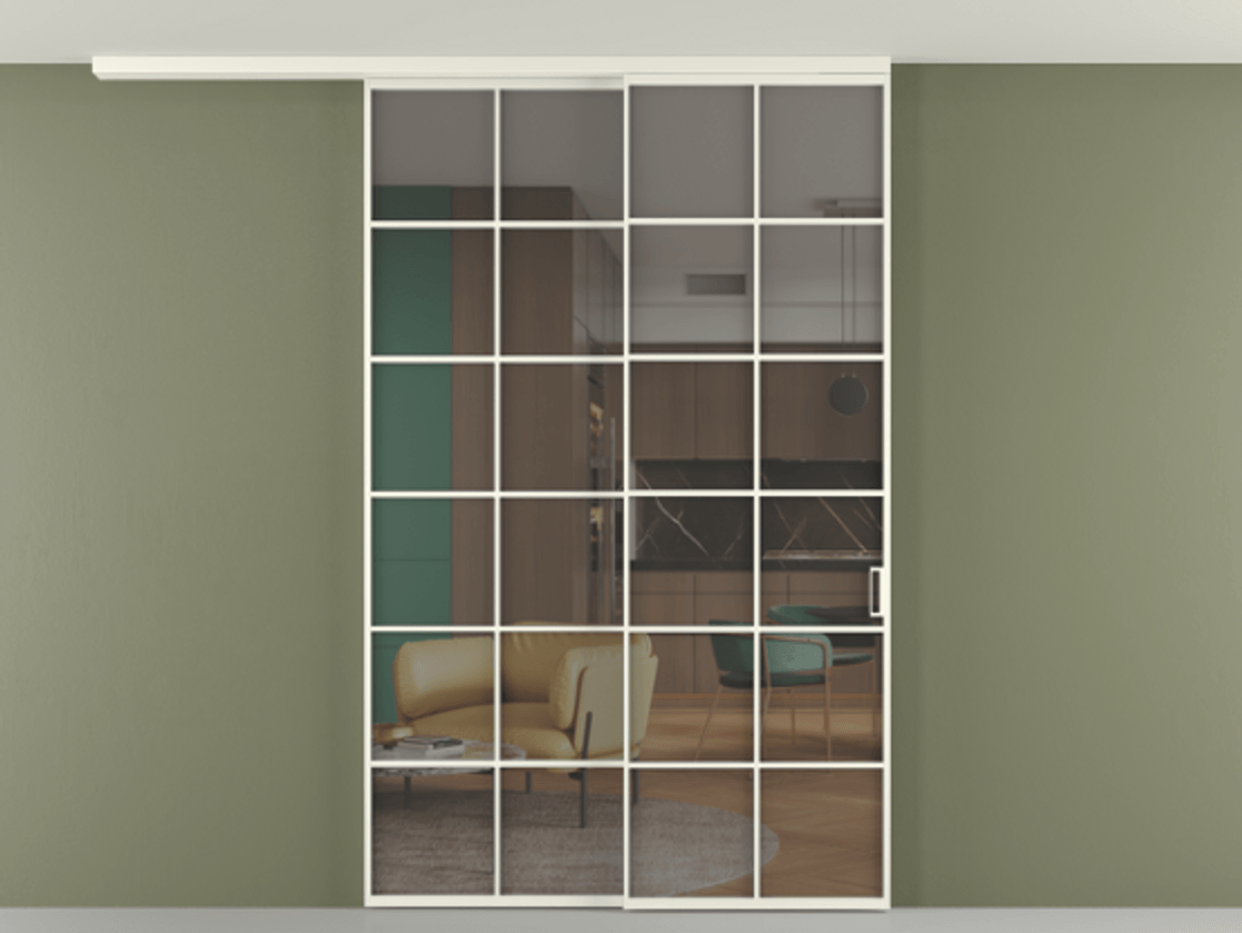 Перегородка Формато вдоль стены на потолок 2 створки с синхронным механизмом АЛПР 040.05 Алюминий жемчужный Прозрачное серое стекло, триплекс Цена 2205282 ₸ | Volhovec