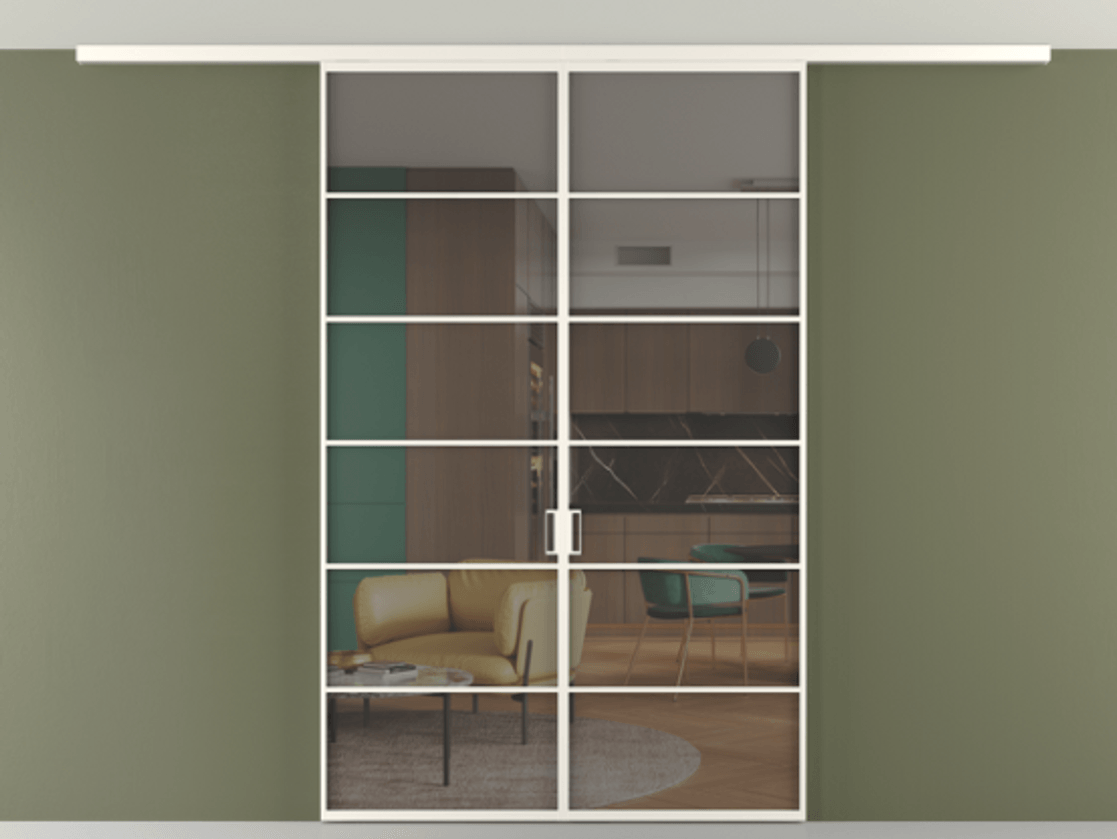 Перегородка Формато вдоль стены на потолок 2 створки АЛПР 040.04 Алюминий пудровый белый Прозрачное серое стекло, триплекс Цена 1852805 ₸ | Volhovec