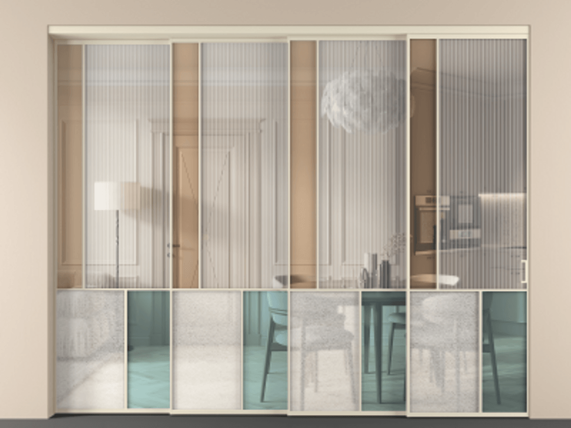 Перегородка Mosaic внутри проёма 4 створки с синхронным механизмом АЛПР 041.20 Алюминий бежево-серый Комбинация стекол Группы 1 и Группы 3 Цена 3815900 ₸ | Volhovec