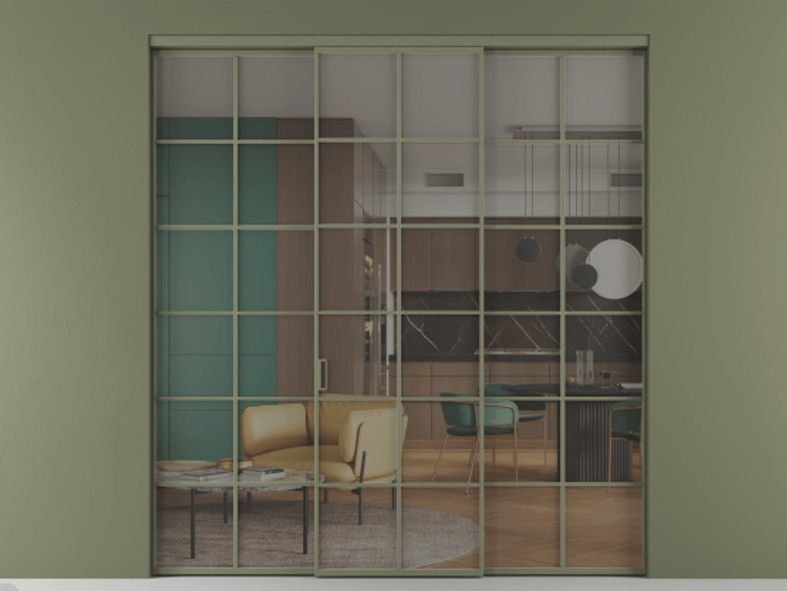 Перегородка Formato внутри проёма 3 створки АЛПР 040.05 Алюминий оливковый тёмный Прозрачное серое стекло, триплекс Цена 1667700 ₸ | Volhovec