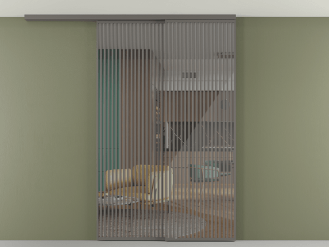 Перегородка Формато вдоль стены на потолок 2 створки с синхронным механизмом АЛПР 040.06 Алюминий классический серый Рефлективное прозрачное стекло "Стопсол", калёное Цена 3502215 ₸ | Volhovec