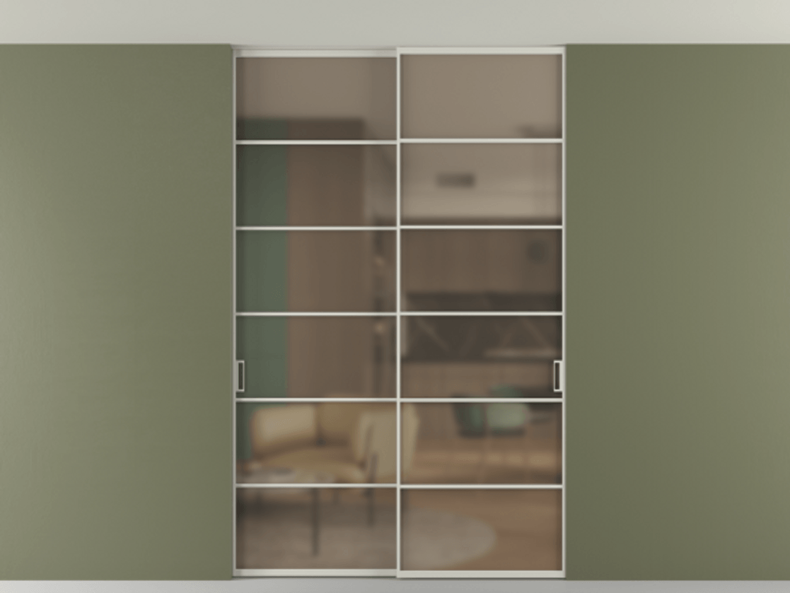 Перегородка Формато внутри проёма скрытое крепление в потолок 2 створки АЛПР 040.04 Алюминий тёплый серый Сатинированное бронзовое стекло, триплекс Цена 1973803 ₸ | Volhovec