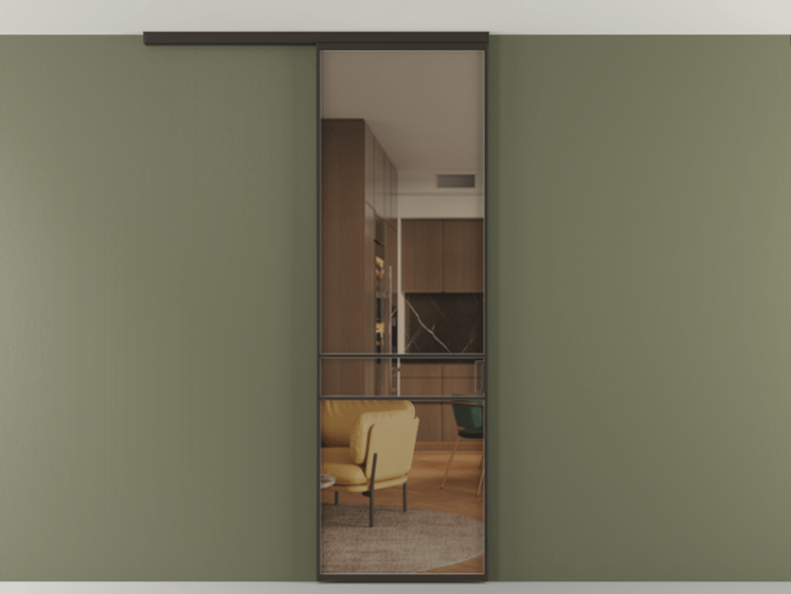 Перегородка Формато вдоль стены на потолок 1 створка АЛПР 040.02 Алюминий антрацит Прозрачное бронзовое стекло, триплекс Цена 732246 ₸ | Volhovec