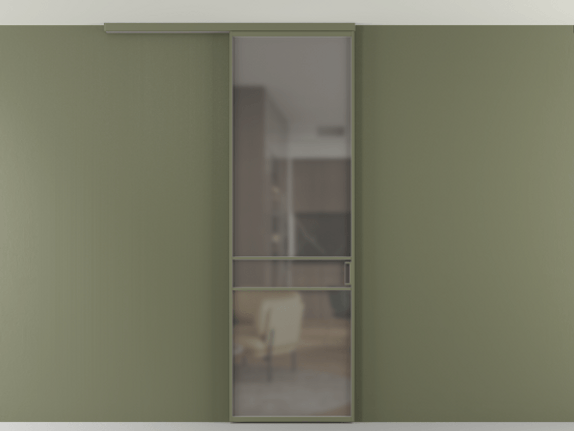 Перегородка Формато вдоль стены на потолок 1 створка АЛПР 040.02 Алюминий оливковый тёмный Сатинированное серое стекло, триплекс Цена 732246 ₸ | Volhovec