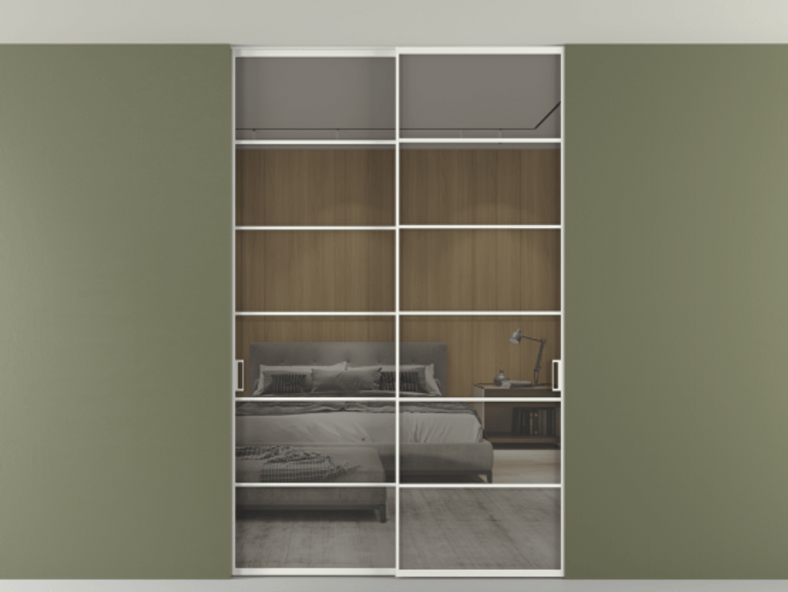 Перегородка Формато внутри проёма скрытое крепление в потолок 2 створки АЛПР 040.04 Алюминий светло-серый Рефлективное серое стекло "Стопсол", калёное Цена 2439461 ₸ | Volhovec