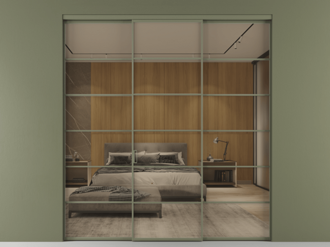 Перегородка Формато внутри проёма 3 створки АЛПР 040.04 Алюминий оливковый тёмный Рефлективное бронзовое стекло "Стопсол", калёное Цена 2577960 ₸ | Volhovec