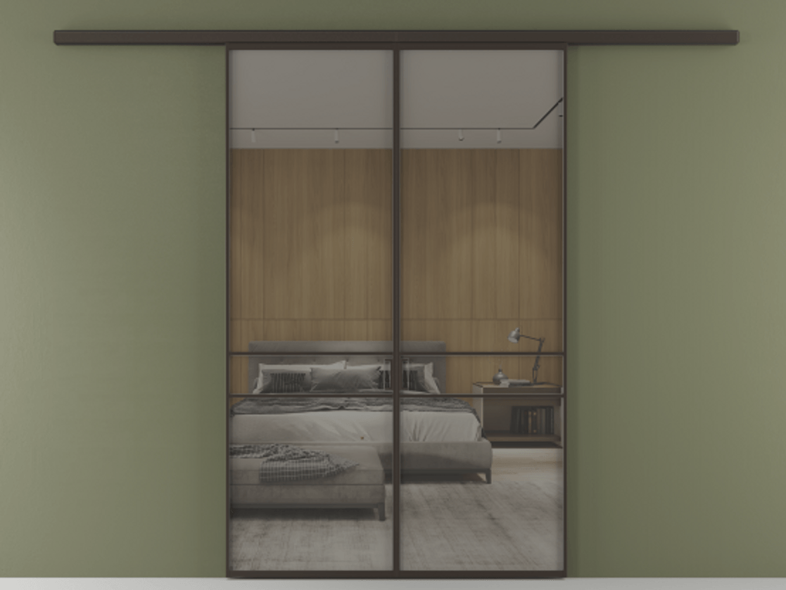 Перегородка Formato вдоль стены 2 створки АЛПР 040.02 Алюминий антрацит Рефлективное серое стекло "Stopsol", калёное Цена 1882440 ₸ | Volhovec