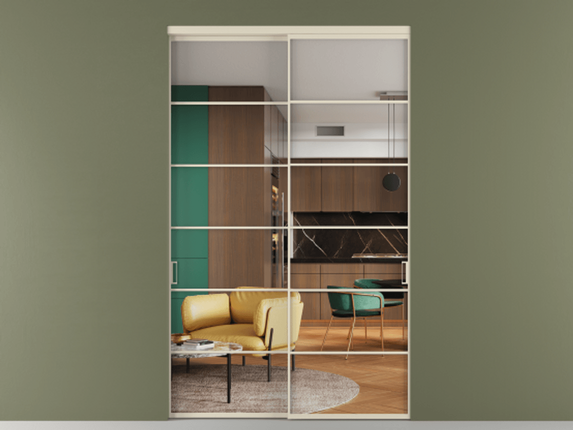 Перегородка Формато внутри проёма 2 створки АЛПР 040.04 Алюминий бежево-серый Прозрачное стекло "Кристал Вижн", калёное Цена 3733884 ₸  | Volhovec