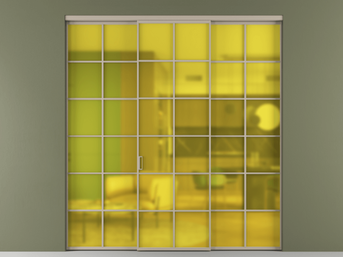 Перегородка Formato внутри проёма 3 створки АЛПР 040.05 Алюминий бисквитный Сатинированное жёлтое стекло, триплекс Цена 1667700 ₸ | Volhovec