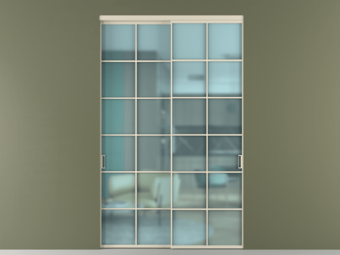 Межкомнатная дверь New Перегородка Formato внутри проёма двустворчатая АЛПР 040.05 Алюминий бежево-серый Сатинированное голубое стекло, триплекс Цена 1322300  | Volhovec