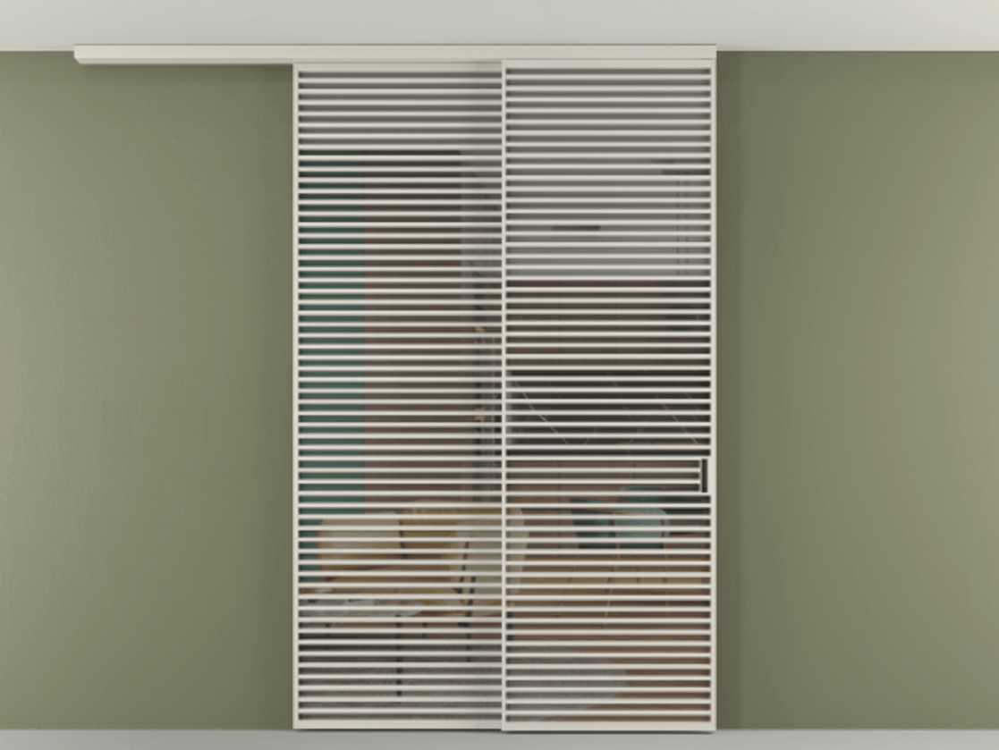 Перегородка Формато вдоль стены на потолок 2 створки с синхронным механизмом АЛПР 040.07 Алюминий облачно-серый Прозрачное серое стекло, триплекс Цена 3405447 ₸ | Volhovec