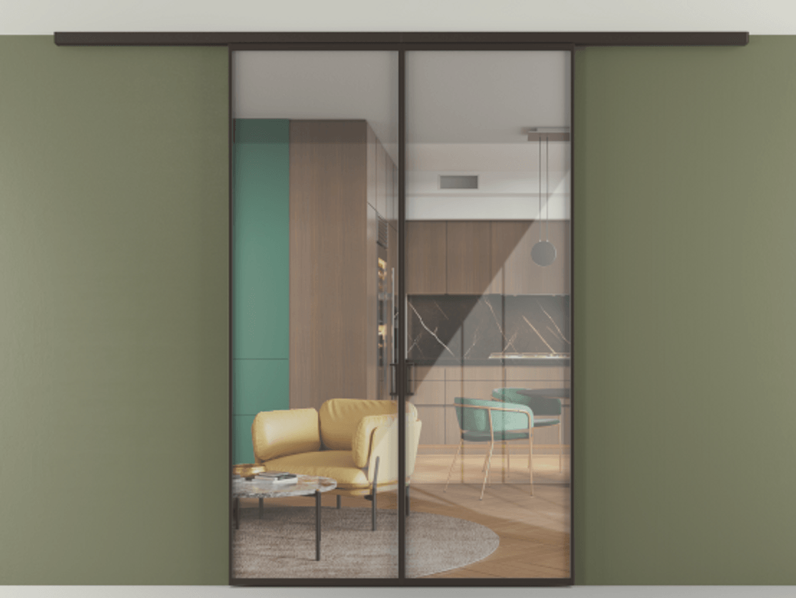 Перегородка Формато вдоль стены на потолок 2 створки АЛПР 040.01 Алюминий антрацит Рефлективное прозрачное стекло "Стопсол", калёное Цена 1498180 ₸ | Volhovec