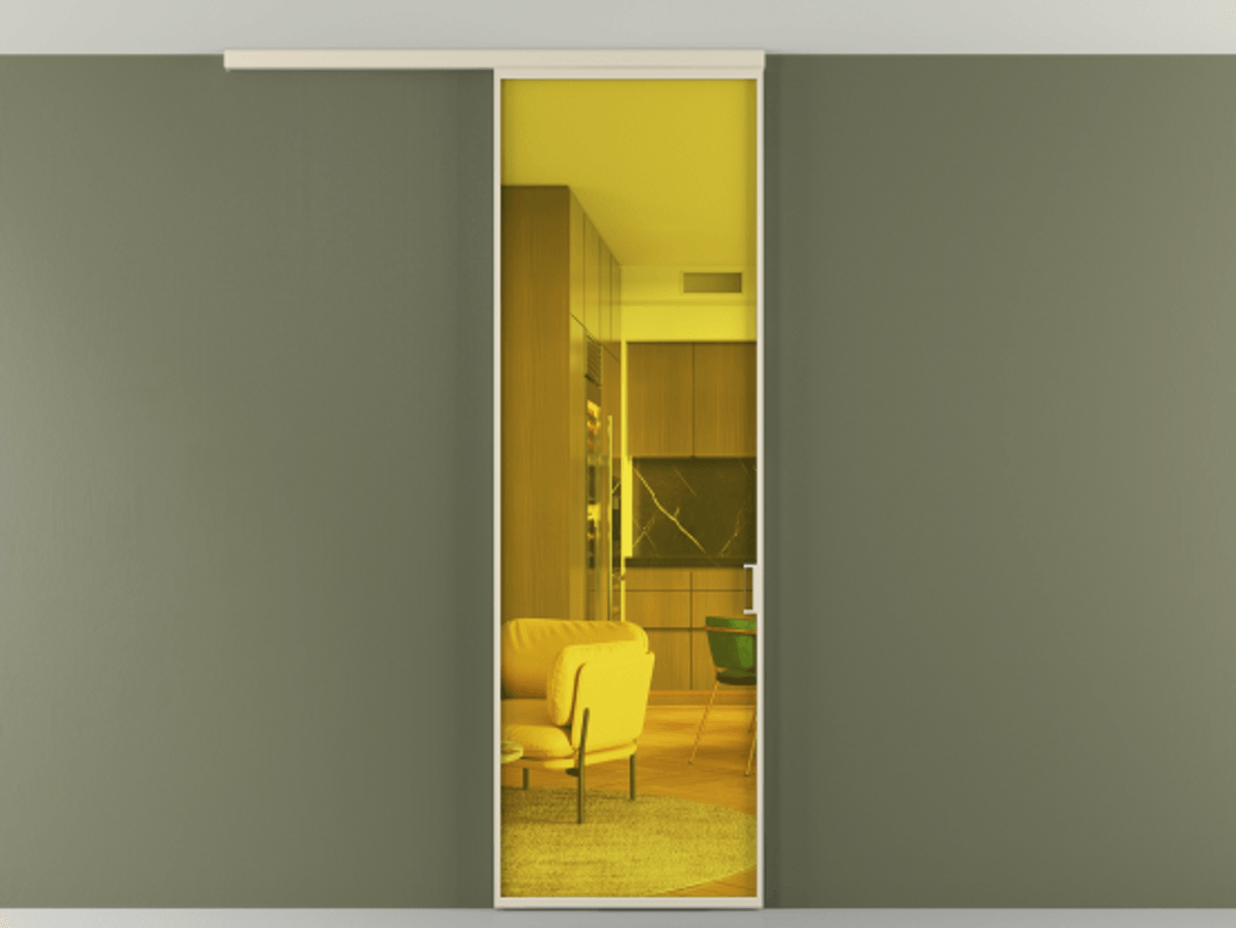 Перегородка Formato вдоль стены на потолок 1 створка АЛПР 040.01 Алюминий бежево-серый Прозрачное жёлтое стекло, триплекс Цена 600500 ₸ | Volhovec