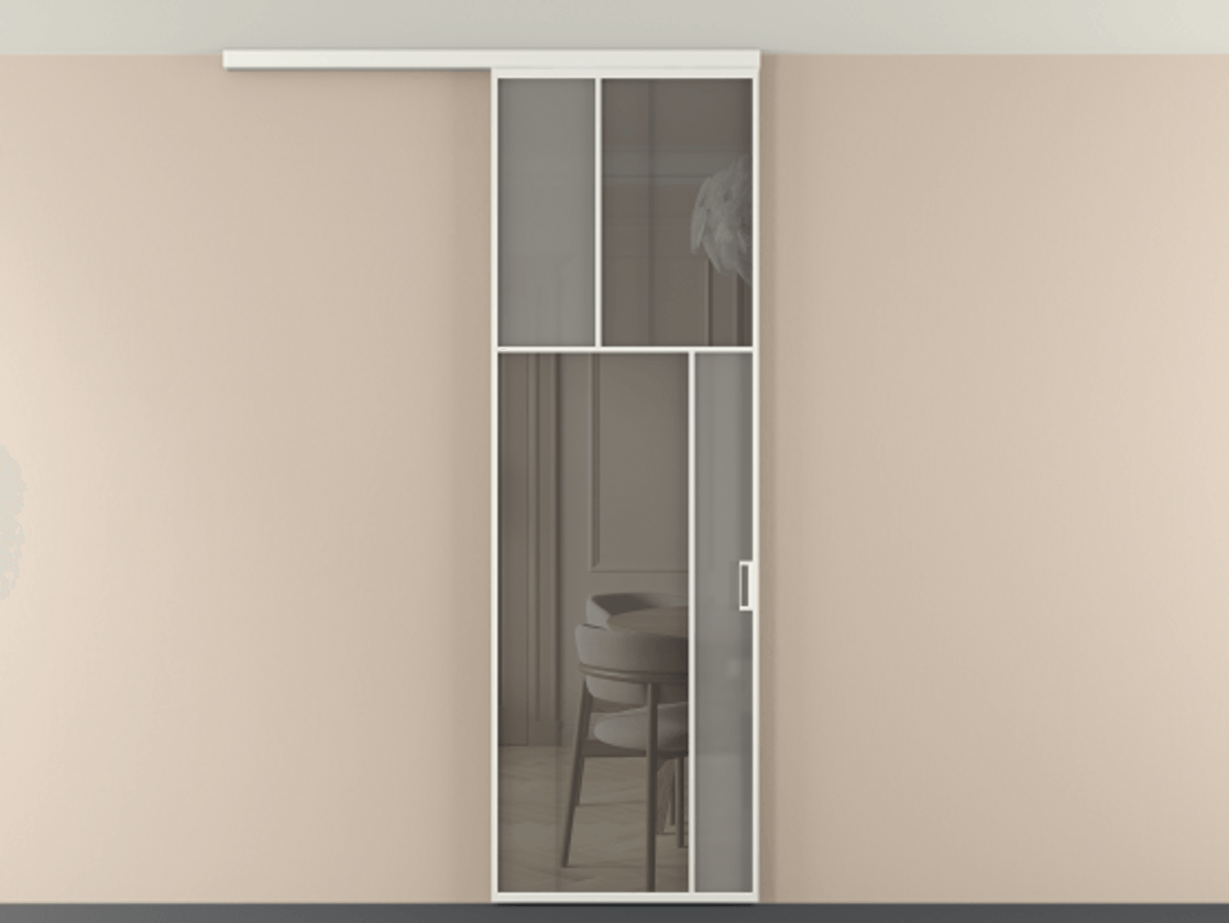 Перегородка Мозаик вдоль стены на потолок 1 створка АЛПР 041.23 Алюминий светло-серый Сатинированное серое стекло, триплекс, 6 мм + Прозрачное серое стекло, триплекс Цена 1020902 ₸ | Volhovec