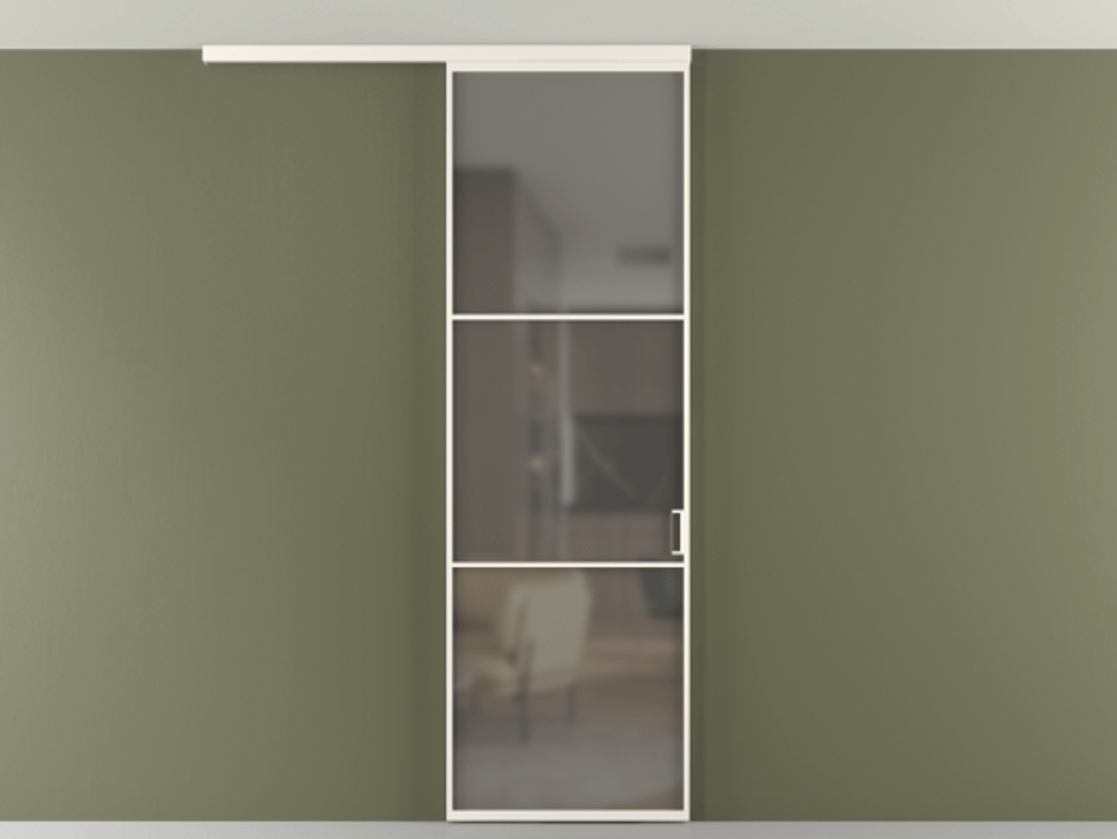 Перегородка Формато вдоль стены на потолок 1 створка АЛПР 040.03 Алюминий пудровый белый Сатинированное серое стекло, триплекс Цена 732246 ₸ | Volhovec