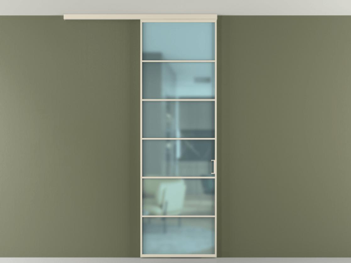 Перегородка Формато вдоль стены на потолок 1 створка АЛПР 040.04 Алюминий бежево-серый Сатинированное голубое стекло, триплекс Цена 780891 ₸ | Volhovec