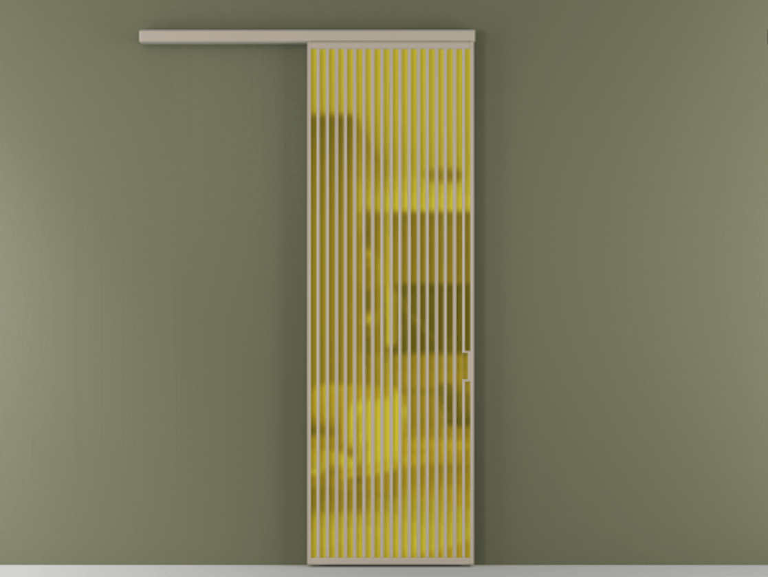 Перегородка Formato вдоль стены 1 створка АЛПР 040.06 Алюминий бисквитный Сатинированное жёлтое стекло, триплекс Цена 1151200 ₸  | Volhovec