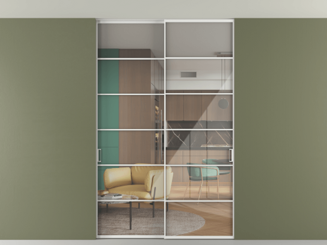 Перегородка Формато внутри проёма скрытое крепление в потолок 2 створки АЛПР 040.04 Алюминий белоснежный Рефлективное прозрачное стекло "Стопсол", калёное Цена 2439461 ₸ | Volhovec