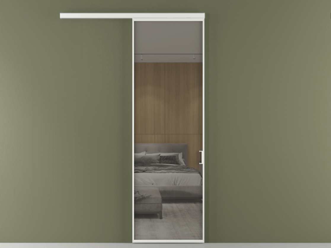 Перегородка Formato вдоль стены 1 створка АЛПР 040.01 Алюминий белоснежный Рефлективное серое стекло "Stopsol", калёное Цена 771890 ₸  | Volhovec