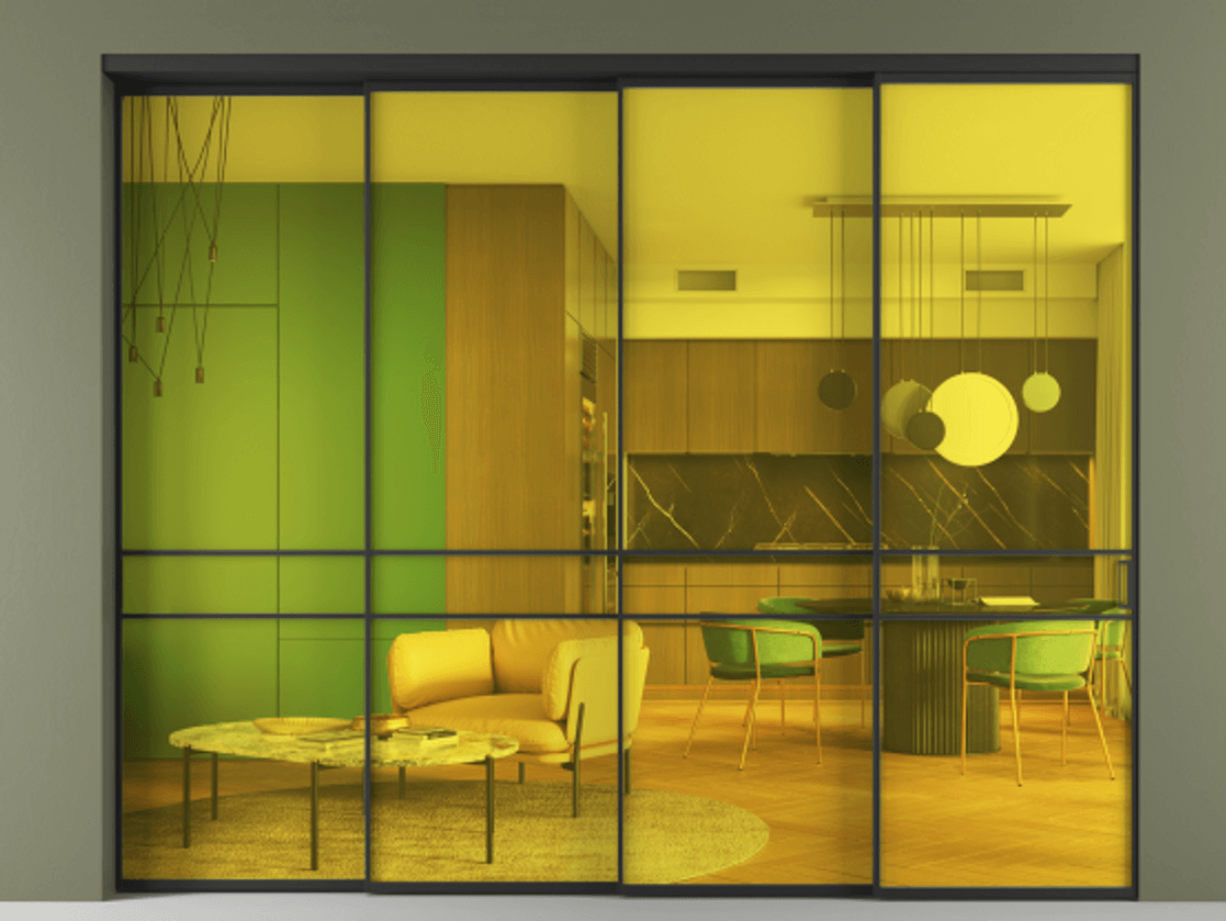 Перегородка Formato внутри проёма 4 створки с синхронным механизмом АЛПР 040.02 Алюминий Черный Прозрачное жёлтое стекло, триплекс Цена 2758700 ₸ | Volhovec