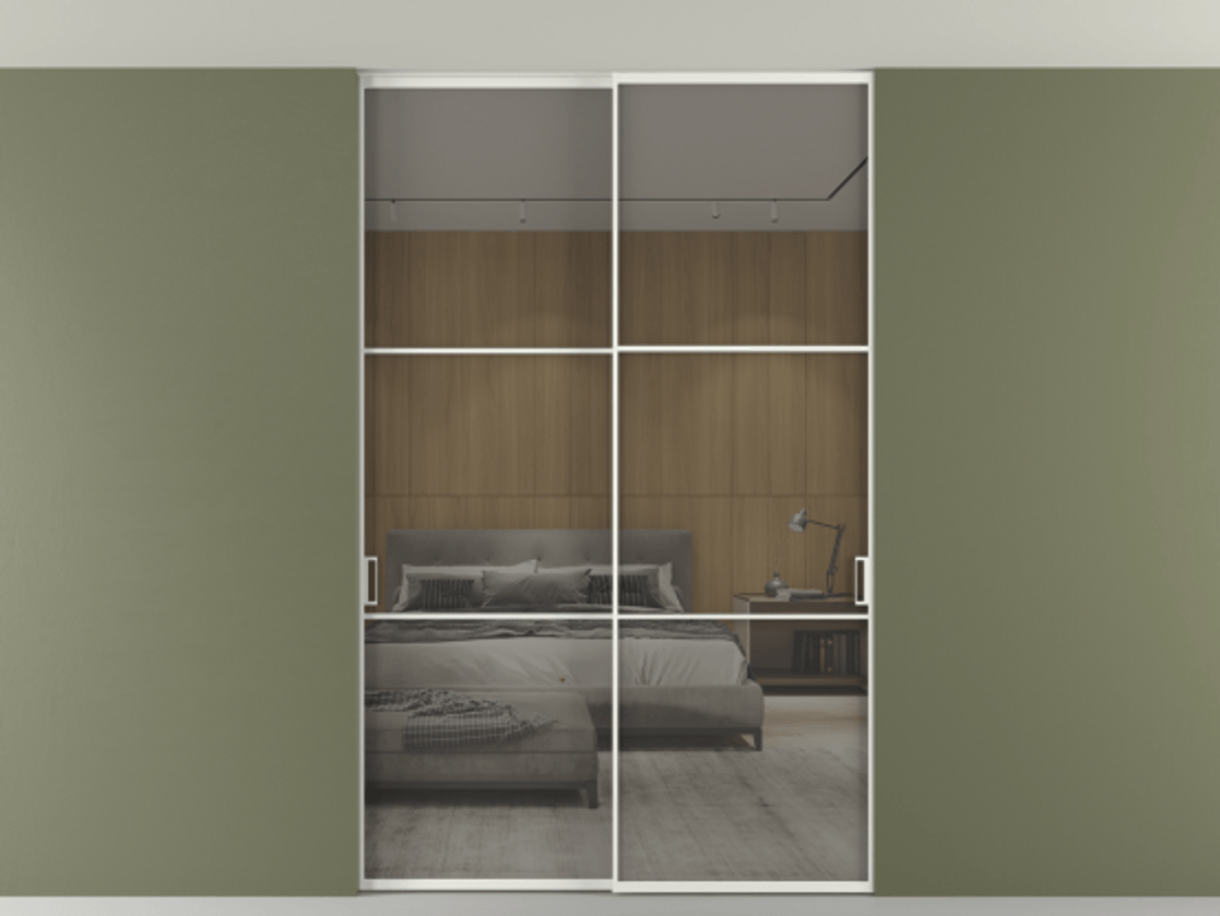 Перегородка Формато внутри проёма скрытое крепление в потолок 2 створки АЛПР 040.03 Алюминий светло-серый Рефлективное серое стекло "Стопсол", калёное Цена 2309731 ₸ | Volhovec