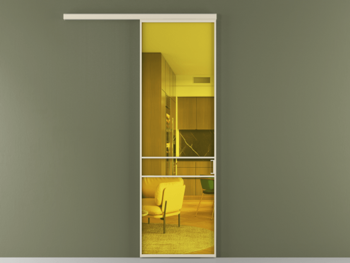 Межкомнатная дверь New Перегородка Formato вдоль стены одностворчатая АЛПР 040.02 Алюминий бежево-серый Прозрачное жёлтое стекло, триплекс Цена 712000  | Volhovec