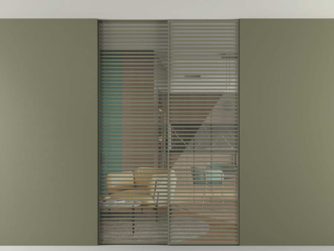 Перегородка Формато внутри проёма скрытое крепление в потолок 2 створки АЛПР 040.07 Алюминий оливковый тёмный Рефлективное прозрачное стекло "Стопсол", калёное Цена 3939667 ₸ | Volhovec