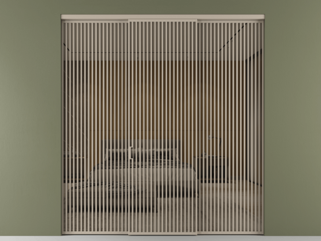 Перегородка Формато внутри проёма 3 створки АЛПР 040.06 Алюминий бисквитный Рефлективное бронзовое стекло "Стопсол", калёное Цена 4623696 ₸ | Volhovec