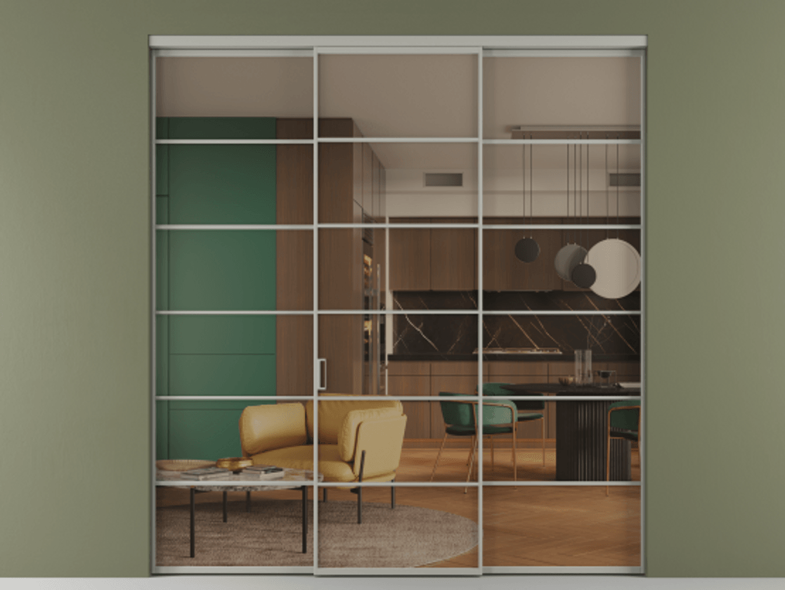 Перегородка Formato внутри проёма 3 створки АЛПР 040.04 Алюминий нейтральный серый Прозрачное бронзовое стекло, триплекс Цена 1926477 ₸ | Volhovec