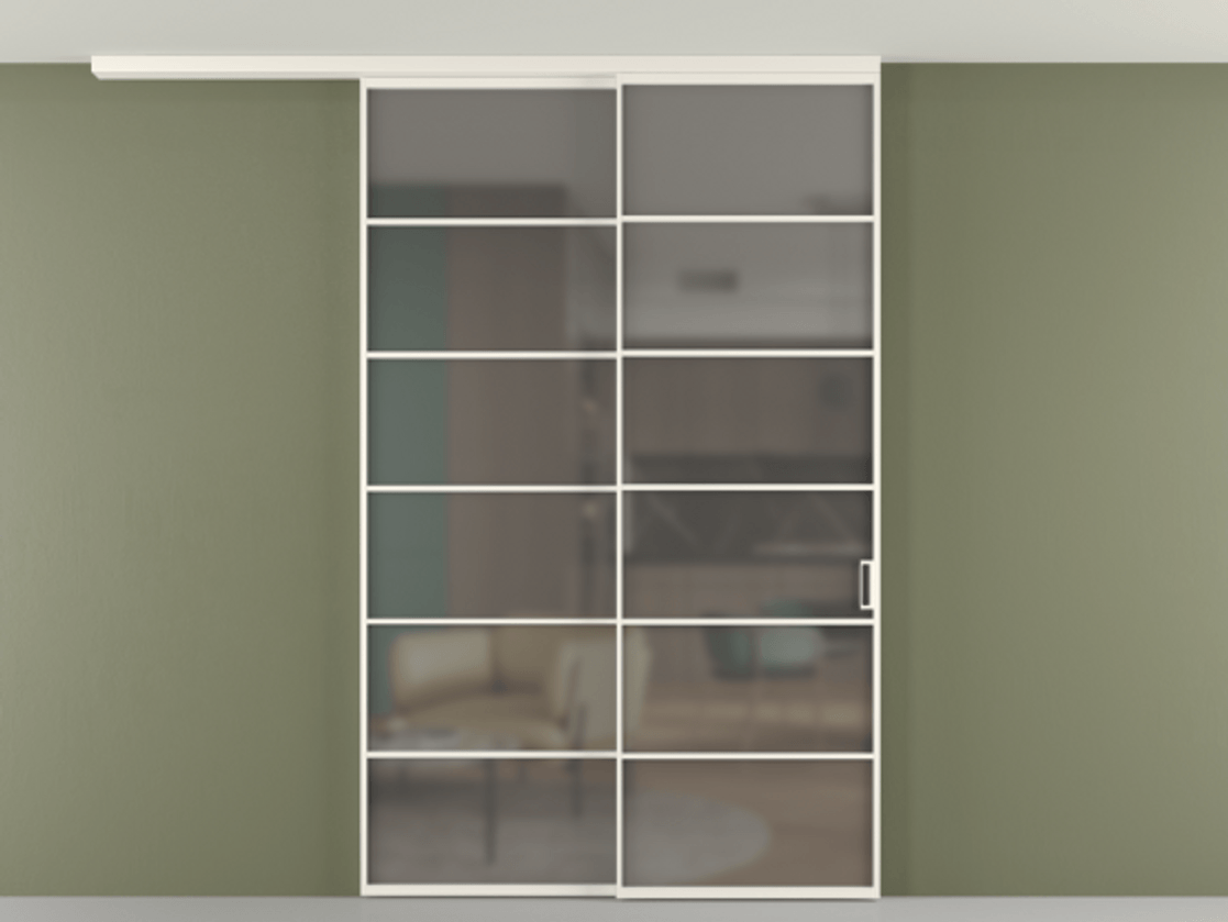 Перегородка Формато вдоль стены на потолок 2 створки с синхронным механизмом АЛПР 040.04 Алюминий пудровый белый Сатинированное серое стекло, триплекс Цена 2481041 ₸ | Volhovec