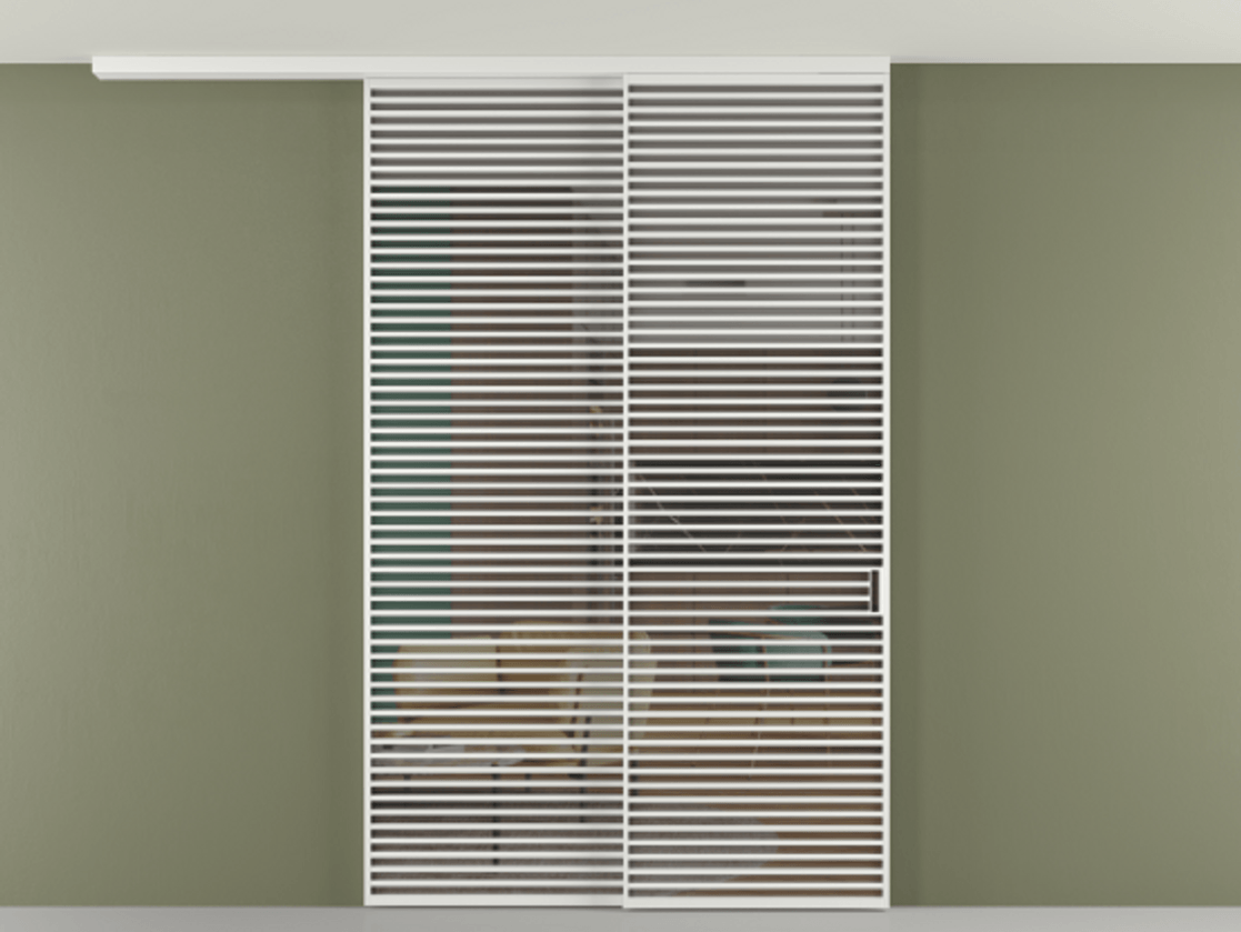 Перегородка Формато вдоль стены на потолок 2 створки с синхронным механизмом АЛПР 040.07 Алюминий белоснежный Прозрачное серое стекло, триплекс Цена 3405447 ₸ | Volhovec